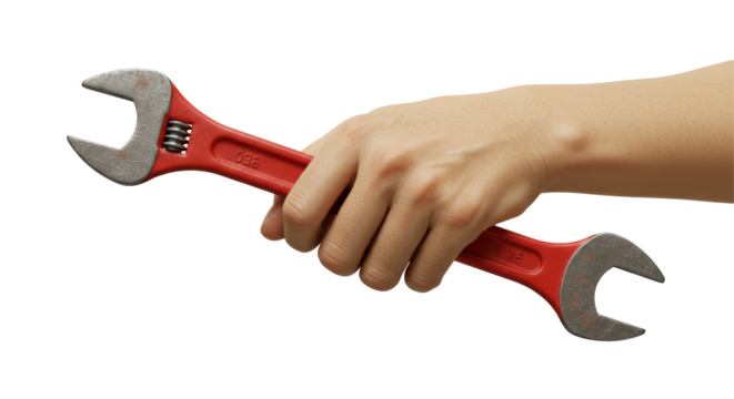 Isolated Hand Holding a Red Adjustable Spanner Wrench Tool for Repair and Maintenance