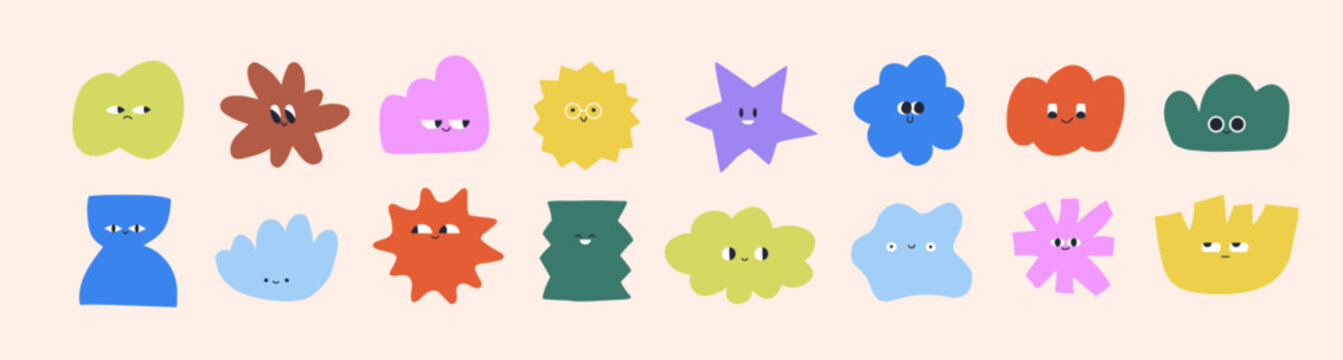Cute abstract shape characters set. Funny doodle blobs with faces with different emotions, facial expressions, happy smiling emojis in modern geometric style. Isolated kids flat vector illustrations