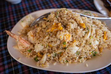 Fried rice with shrimps  in a restaurant by the sea, Phuket Thailand