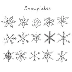 Snowflakes set, hand drawing, doodles, vector illustration