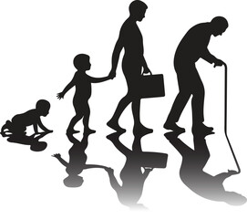 Vector illustration. Silhouette of growing up man from baby to old age. Many people of different ages in a row.