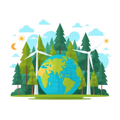 Fototapeta premium Sustainable Energy Concept with Wind Turbines and Globe in a Forested Landscape Under Sun and Moon