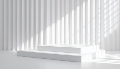 Fototapeta premium Elegant abstract white podium in sunlight with shadow, striped place with perspective