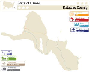 Detailed infographic and map of Kalawao County in Hawaii USA.