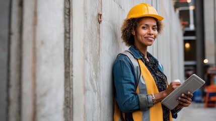 A confident female engineer reviews charts on a digital tablet beside the foundation wall, smiling at the camera.