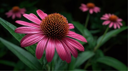 Close-up of a vibrant Echinacea purpurea flower in full bloom with other flowers visible in the background