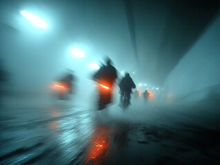 Night Riders in Foggy Tunnel.