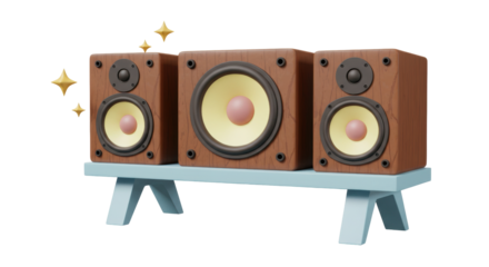 Isolated three wooden audio speakers on a blue stand