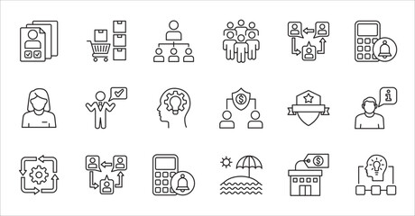 Business company and Management icon set. Contains symbol of teamwork, target, market, global, success, customer service, leadership, holiday, asset, meeting, entrepreneur. Vector illustration