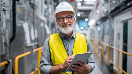A friendly, professional engineer reviews safety data on a tablet while standing at a high-tech factory floor, smiling at the camera.