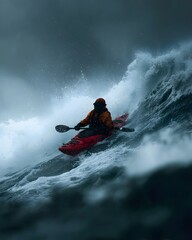 Kayaker navigating turbulent ocean waves under a stormy sky, showcasing extreme sports and nature's power