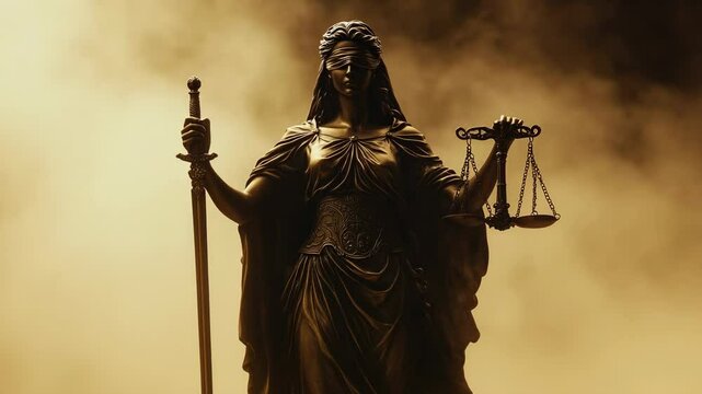 Statue of Lady Justice holding scales and sword in dark smoke with golden light symbolizing law and truth