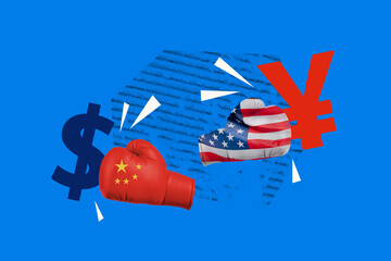 Trendy art creative full zine photo collage of hands wear boxer glove heat dollar yuan china...