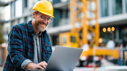A professional engineer works at a site office with an open laptop, smiling as construction progress continues outside.