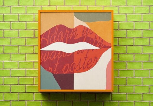 Square poster mockup displayed against a bright green tile  wall.