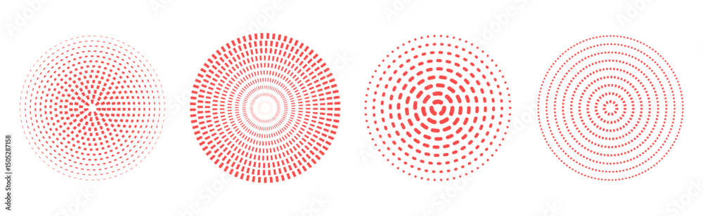 Aufkleber Set of red sound wave rings with radial lines isolated on transparent background. Vector target icon collection