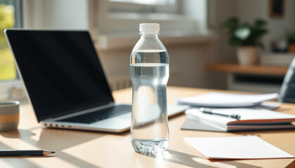 Clear plastic bottle of water on a wooden desk with laptop, notebooks, and a coffee cup in bright modern workspace