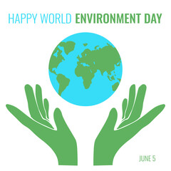 Environment Day. Simple Environment Day poster cover template design. Vector illustration with flat green hand and globe isolated white. EPS 10