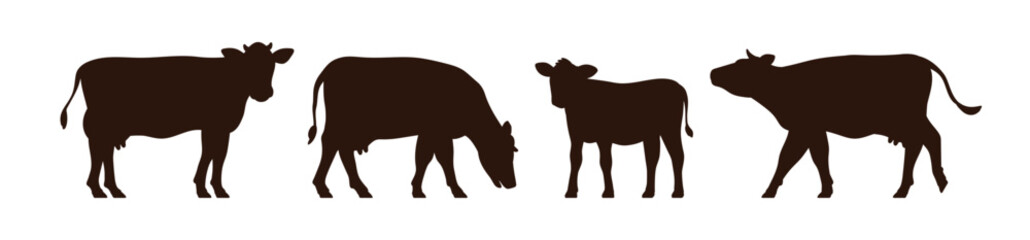 Dairy milk cow silhouettes set. Cattle, calf standing, walking and grazing. Farm livestock, agriculture animal figure shades, black shadows. Flat vector illustration isolated on white background