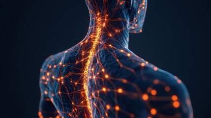 Realistic Human Silhouette with Glowing Nerves Illustration on Dark Background