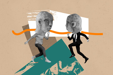 Contemporary artwork collage of two anonym men instead head clay dummy avatar run together museum...
