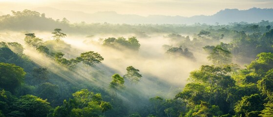 Early morning light reveals a vibrant tropical jungle filled with towering trees, lush foliage, and a mystical fog creating a serene, atmospheric setting