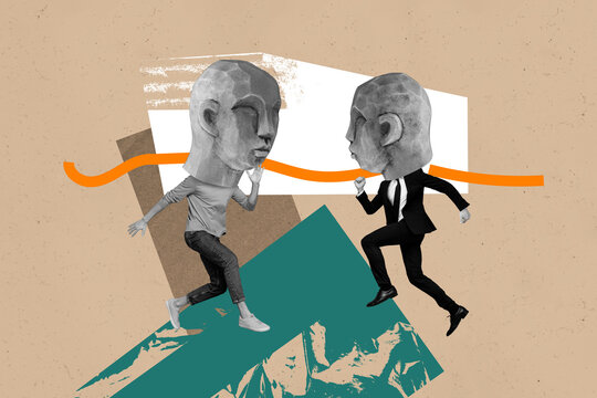 Contemporary artwork collage of two anonym men instead head clay dummy avatar run together museum exhibition art masquerade