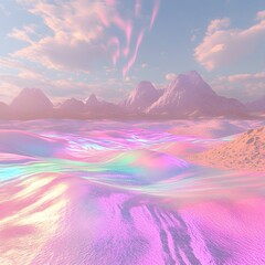 Surreal Landscape with Colorful Waves and Majestic Mountains