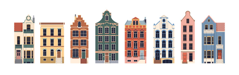 English houses set. British UK buildings with old historic facades, exteriors, windows, porches. Traditional urban architecture collection. Flat vector illustration isolated on white background