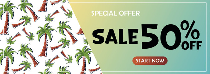 Vector banner with palm trees and a fifty percent discount. Great for summer promotions, vacation ads, tourism websites, and seasonal campaigns.