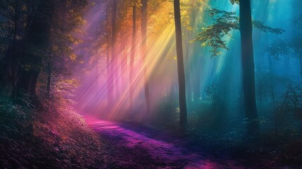 Obraz premium Colorful Light Streaks Illuminate a Tranquil Forest Path at Dusk