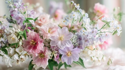 Fototapeta premium Pastel Wildflower and Greenery Bouquet in Soft Focus with Dreamy Light and Airy Mood