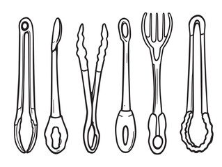 Kitchen tools tongs line art vector drawing illustration