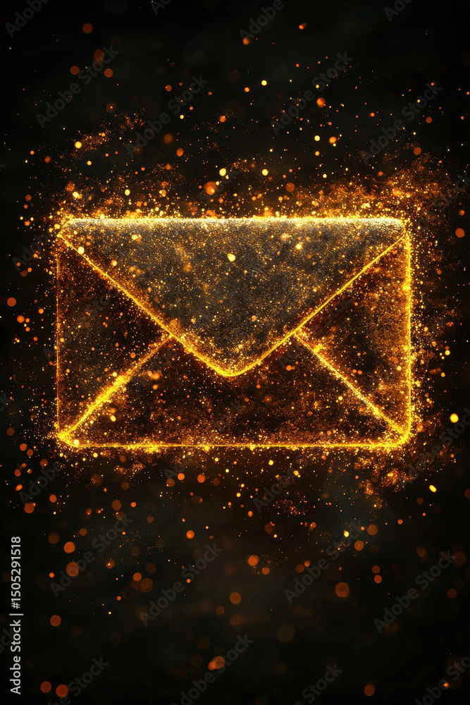 Poster glowing envelope symbol made of sparkling golden particles against dark background, representing com