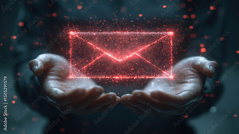 Fototapete Person holds glowing hands with sparkling red envelope symbolizing digital communication and connection. scene conveys sense of modern technology and interaction
