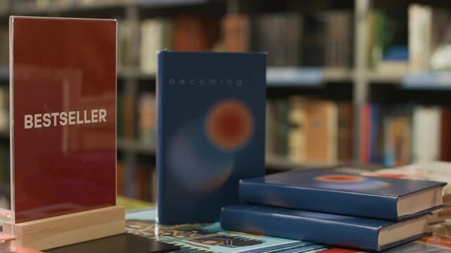 No people closeup of bookstore display with bestselling book, surrounded by stacked hardcover copies against blurred shelf background