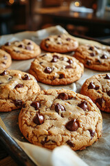Cookies with chocolate chips are freshly baked and arranged on tray, showcasing their golden brown color and tempting texture. warm atmosphere enhances appeal of these treats