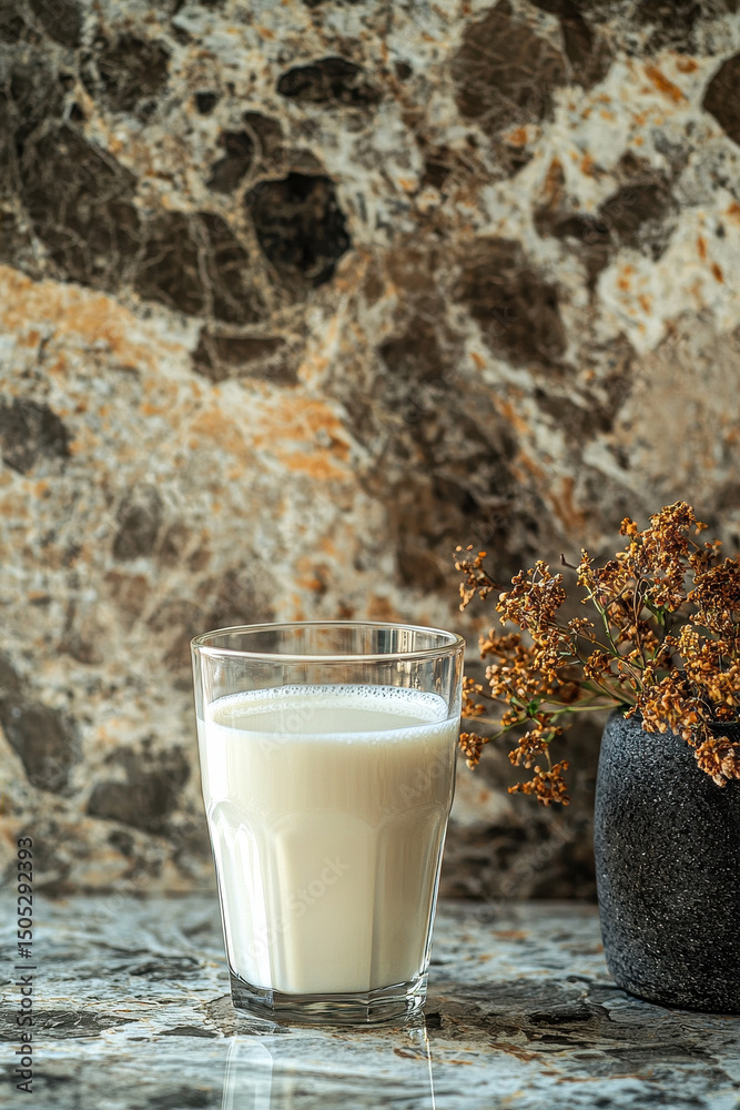 Poster glass of milk placed on marble surface, accompanied by small vase of dried flowers, creating serene 