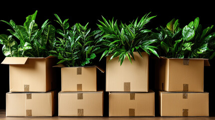 Collection of cardboard boxes filled with lush green plants, showcasing vibrant display of foliage. arrangement creates lively and refreshing atmosphere, perfect for any space