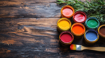 Colorful cans of paint arranged on rustic wooden surface, accompanied by paintbrush and greenery. vibrant hues evoke creativity and artistic expression