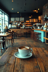 Cozy coffee shop scene featuring beautifully crafted cup of coffee on rustic wooden table. warm ambiance invites relaxation and enjoyment, perfect for casual meeting or quiet moment