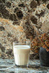 Glass of milk placed on marble surface, accompanied by small vase of dried flowers, creating serene and inviting atmosphere
