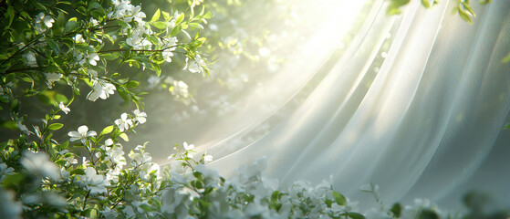 White flowers surrounded by lush green foliage, illuminated by soft sunlight filtering through sheer fabric. atmosphere evokes tranquility and beauty