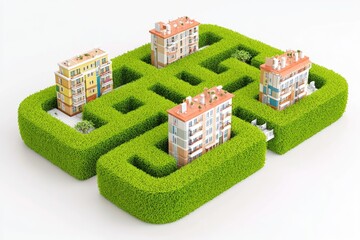 Unique Abstract Maze Design Resembling an Apartment Complex With Intricate Pathways and Vibrant Greenery