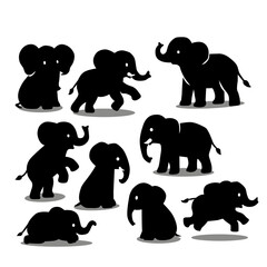 A collection of eight adorable black elephant silhouettes in various poses, illustrated in a minimalist, cartoon-style vector format
