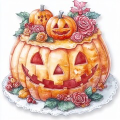 Fototapeta premium Watercolor Halloween cake. Hand drawn cartoon cake with sweets. Illustration isolated on white background.