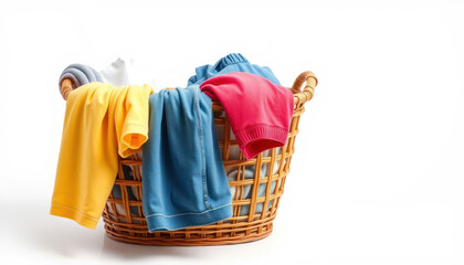 Colorful Laundry Basket Filled with Freshly Cleaned Clothes on a Bright Background