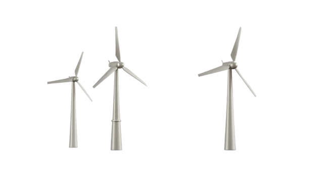 Three wind turbines different sizes isolated on a white background