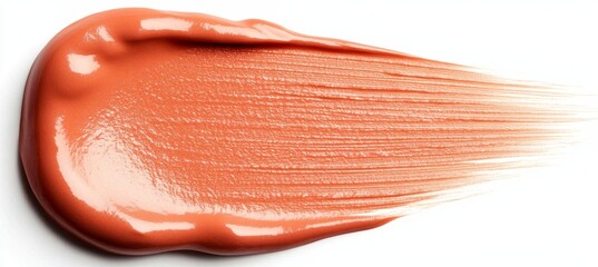 Fototapeta premium Light Peach Lip Gloss Swatch on White. Smooth Lip Makeup Smear. Creamy Lipstick Texture Sample.