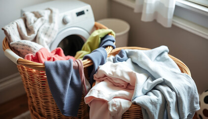 Cozy Laundry Room with Overflowing Baskets of Colorful Clean Clothes Near a Washing Machine in Bright Interior Soft Natural Lighting